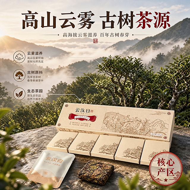 [主图-2] 核心亮点与溯源，主题：高山云雾古树茶产地溯源，突出海拔与生态环境。
[统一基调] 国风雅致新中式风格，整体暖米白与茶褐金为主色调，点缀朱砂红，传递非遗传承与高山云雾自然氛围；标题用厚重宋体/衬线书法感字体，深茶褐色主字，朱砂红强调字；辅助文案用细黑体，浅褐色；画面干净高级，无多余杂物。
[画面] 画面上半部分为高山云雾茶山实景：层层叠叠的古茶树生长在云雾缭绕的高山之上，清晨阳光穿透云层，远处山峦叠嶂，生态原始自然。画面下半部分前景摆放云汉白茶礼盒（与输入图外观一致）和拆开的紧压白茶小方片，茶叶纹理清晰可见。用细线条从茶山不同位置引出标注，指向产品。画面右侧有一个圆形印章式图标，内写"核心产区"。
[光影质感] 自然晨光，山间雾气有通透感，茶叶和礼盒受光均匀，质感真实，商业摄影级光影，产品与背景自然融合，无硬切边缘。
[配色] 背景：高山云雾茶绿+灰蓝+米白；产品区：暖米白+茶褐+金色；强调色：朱砂红印章；整体清新自然又有品质感。
[文字版式] 画面上方大标题："高山云雾 古树茶源"，字体厚重有力量；标题下方一行小字："高海拔云雾滋养 百年古树春芽"；画面中下部用引线标注三个核心点："云雾滋养""古树原料""生态茶园"，每个标注配小图标；右下角圆形印章内写"核心产区"朱砂红。文字不遮挡产品主体。
[输出要求] 1:1正方形，2048x2048像素，产品清晰，产地场景真实有代入感，文字清晰可读；禁止变形、错字、模糊、杂乱、水印、平台Logo。