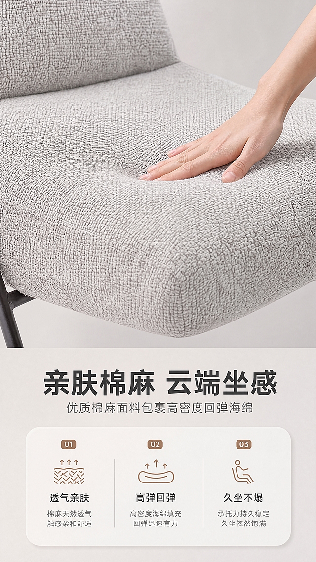 [商品] 使用【图1】D2504休闲椅坐垫及靠背部分；保留浅灰色棉麻面料纹理、高密度海绵填充的饱满形态；商品处理：增强棉麻面料编织纹理细节，展示面料质感，保留产品原貌。
[画面] 目标：面料材质证明页，突出棉麻面料与回弹海绵品质。上特写下说明构图，上半部分为坐垫面料微距特写+一只手轻轻按压坐垫展示回弹效果，下半部分为文案与材质说明。背景为纯净浅灰色渐变，突出面料细节。手部动作自然，按压处有轻微凹陷展示海绵弹性。
[视觉] 套系策略：风格=现代轻奢极简家居商业摄影；标题字=现代无衬线粗体中文；正文字=简洁无衬线体；主色=浅米灰；背景延展=基于浅米灰做深浅层级、同色渐变和细腻织物/哑光墙面质感；强调色=暖棕褐色，仅用于小面积图标、引线和标签；标题色=深炭灰；正文色=中暖灰；组件=圆角浅底信息卡、细线引线、数字序号胶囊；光影=左前侧暖柔光，柔和阴影。
[文字] 下方文案区：主标题「亲肤棉麻 云端坐感」（8字），副标题「优质棉麻面料包裹高密度回弹海绵」（14字），三个卖点横向排列：「透气亲肤」「高弹回弹」「久坐不塌」，每个卖点配小图标。文字清晰可读，不遮挡按压演示区域。
[规格] 图片比例9:16竖版，4K分辨率，负向提示：避免变形、错字、文字过小、产品结构改变、颜色偏差、冷蓝背景、极限词、平台Logo水印、虚假功效承诺。