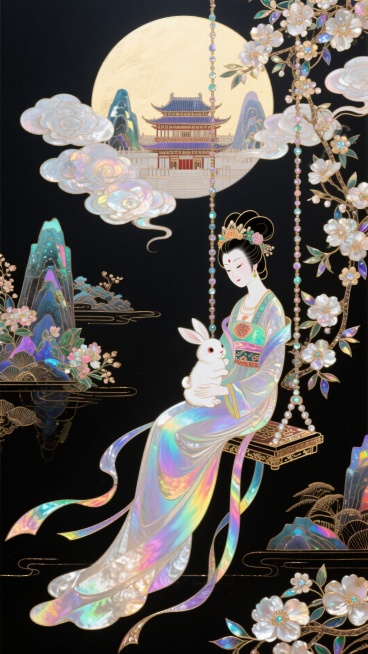 国潮，极繁主义，嫦娥怀抱玉兔坐在秋千上，她的身后是广寒宫，她们居住在一轮巨大圆月上，秋千绳索装饰有桂花，祥云流动环绕整个画面，背景含大量中国风花卉元素和山水，迷幻，意识流，黑色背景预览效果