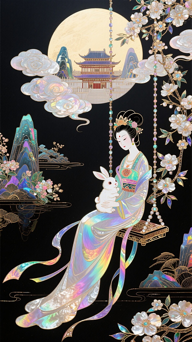 梦幻古典中式工笔风，岩彩鎏金描绘嫦娥抱兔，中秋佳节虚拟现实仙境。