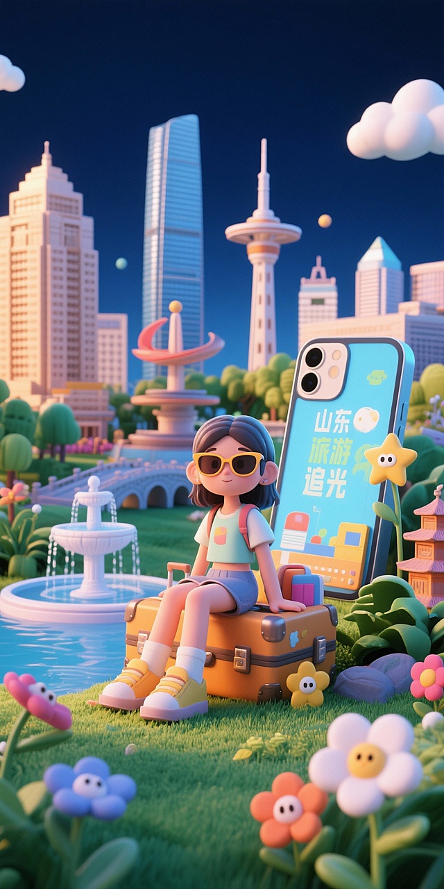 旅游追光少年，3d卡通风格，深蓝色背景，立体微缩景观。一个时尚女孩戴着墨镜坐在行李箱上，她的旁边是一个巨大的手机，，她的身后是山东的地标建筑微缩模型，包括泉标、济南绿地中心、青岛五四广场、大明湖，周围环绕着生长的植物和花朵，身边有卡通拟人化的星星、花朵、云朵作为装饰，整体风格青春有活力，搭配青春气息的多巴胺色彩，采用OC渲染，光线追踪技术，画面明亮，细节丰富，色彩鲜艳