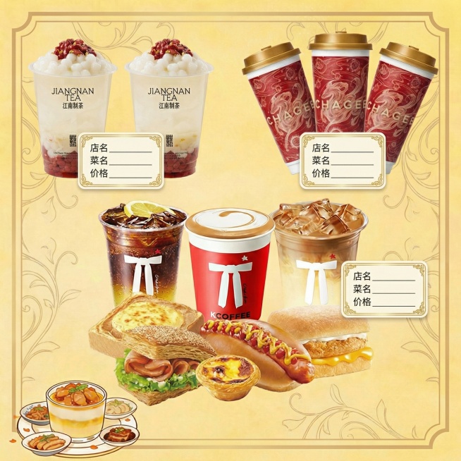 为当前海报添加精致的浅金色描边和淡卷草纹图纹，让画面更有层次；在江南制茶、CHAGEE、KCOFFEE三个品类旁分别添加米白色带金色花边的圆角矩形文字背景贴纸，预留填写店名、菜名和价格的区域预览效果