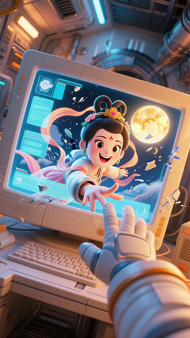 嫦娥面带笑容，从电脑屏幕中完全探出身子（虚拟变为实体，网络与现实的碰撞），摔出屏幕外，她的手与作为宇航员的手指触碰，屏幕外宇航员的POV视角，空间站背景，暖调配色，温馨的中秋氛围，动态感，大透视