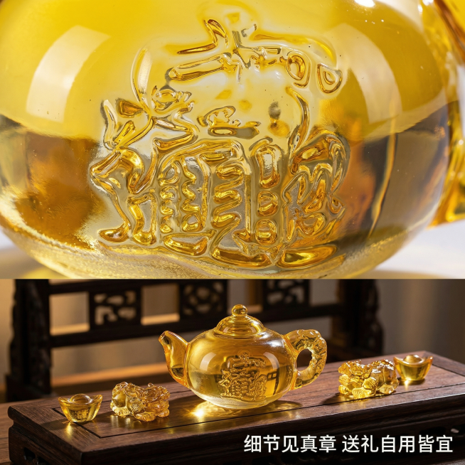 [主图3] 黄色水晶玻璃小壶细节展示图，风格统一，暖光质感。画面采用拼图设计，60%区域为壶身招财浮雕纹路的微距特写，清晰展示雕刻的细腻纹理和水晶通透质感，40%区域为小壶放置在博古架上的场景展示，搭预览效果