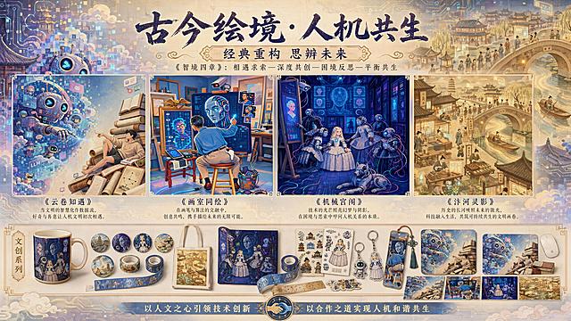 设计一张横版艺术海报，海报整体为古今融合人机共生的创作风格，顶部放置主标题文字“古今绘境 · 人机共生”和副标题“经典重构 思辨未来”，主标题下方放置系列简介文字“《智境四章》：相遇求索—深度共创—困境反思—平衡共生”。海报主体分为上下两个区域，上半区域并排放置四幅作品，从上到下从左到右依次为：第一幅《云卷知遇》（图片1，保持原尺寸不变），第二幅《画室同绘》（图片2，保持原尺寸不变），第三幅《机械宫闱》（图片3，保持原尺寸不变），第四幅《汴河灵影》（图片4，保持原尺寸不变）；四幅作品下方对应放置每幅作品的简短介绍文字。海报下半区域放置第五张图片（图片5，文创产品展示图），展示系列衍生文创周边，整体排版精美，信息层级清晰，人文艺术结合数字创意风格，配色协调，所有文字清晰可读，传递人文引领技术实现人机和谐共生的核心主题
