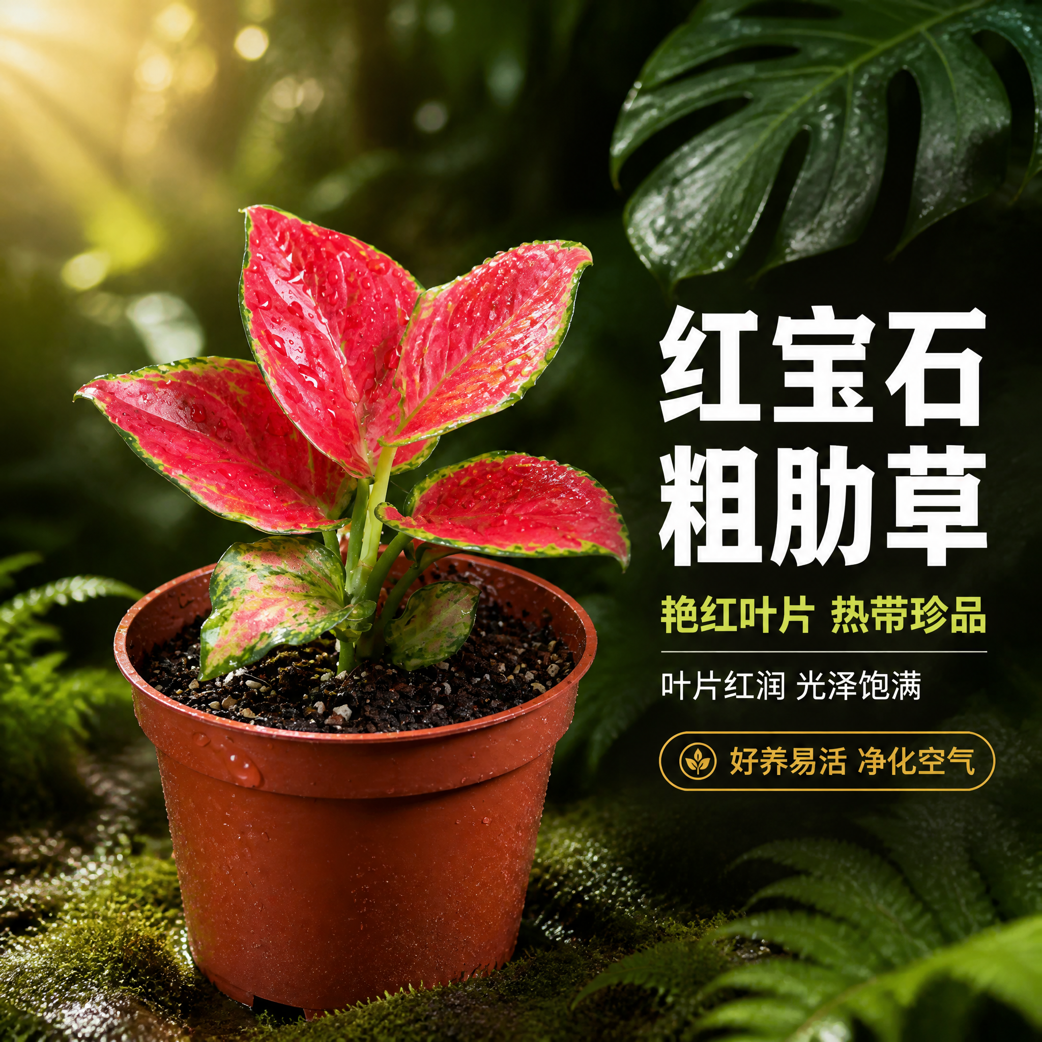 [主图-2] 红宝石粗肋草单品特写 热带雨林场景主图 [统一基… - 图片创意预览