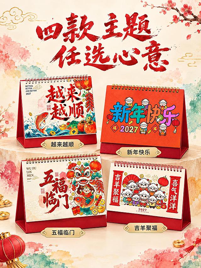 [商品] 使用4款台历：越来越顺、新年快乐、五福临门、吉羊聚福；每款保留各自封面图案、颜色、文字、结构。
[画面] 系列组合图，目标：四款主题全家福。系列全家福型构图，四款台历错落摆放排列，前后有层次，高低错落，形成丰富视觉层次。每款角度略有不同，都能看清封面主图案。背景为浅米色渐变，周围点缀水彩晕染装饰，简洁干净，突出产品。
[视觉] 套系策略：风格=国潮水彩时尚艺术商业摄影；标题字=大气书法体（红色）；正文字=现代黑体（深灰色）；主色=中国红+米白+水彩多彩；背景延展=米白渐变背景+水彩装饰；强调色=金色，用于装饰和名称标签；标题色=红色；正文色=深灰色；组件=圆角名称标签；光影=顶部柔光，每款底部有自然接触阴影。
[文字] 画面顶部主标题"四款主题 任选心意"红色书法大字；每款台历下方对应深灰色名称标签："越来越顺""新年快乐""五福临门""吉羊聚福"。
[规格] 比例3:4竖版，2K分辨率，避免变形、错字、款式混乱。