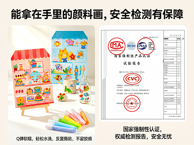 结合图1和图2中的DIY果冻胶画贴纸产品，与图3中的检测报告，生成一张产品检测报告电商宣传图，产品和检测报告都作为主体，产品展示清晰，检测报告突出显示认证标识，整体排版干净清晰，适合电商使用，保持画质清晰