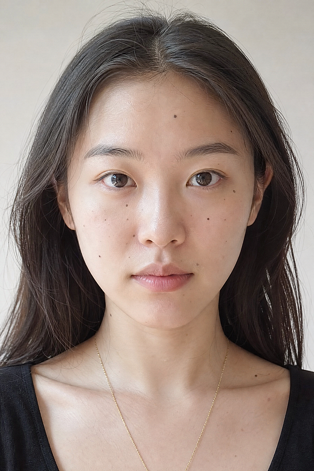 真实自然的亚洲女性正脸，脸上自然分布着几颗明显的黑痣，真实摄影风格，光线自然柔和，细节清晰