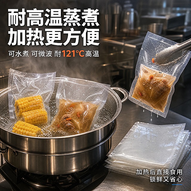 [主图-4] 耐高温蒸煮性能展示图，体现产品可高温加热蒸煮的特性。
[统一基调] 1688 B端源头工厂风格，高级工业质感，深灰蓝色渐变背景，主标题白色粗黑体，副标题浅灰，强调色为科技蓝，整体简洁专业。
[画面] 画面主体为一只不锈钢蒸锅，锅内冒着热气，水中煮着两只透明真空包装袋，一只装着玉米段，一只装着汤料，袋子在沸水中完全保持完整，没有膨胀破裂，袋身表面附着水珠，透明质感清晰。蒸锅放置在厨房台面上，背景为现代化商用厨房的浅景深。旁边台面上放着一叠平整的空包装袋和一只刚从锅中取出、用夹子夹着的包装袋，表面有水珠滴落。
[光影质感] 商业摄影质感，暖色调厨房光线，蒸汽效果真实自然，袋身水珠晶莹剔透，沸水有气泡和动感，产品在高温环境下依然透明有光泽。
[配色] 背景暖灰色厨房环境，不锈钢锅银色，袋子透明，玉米金黄色，汤汁褐色，文字白色+橙红色表现温度感。
[文字版式] 左上角大标题"耐高温蒸煮 加热更方便"，下方标注"可水煮 可微波 耐121℃高温"，右下角有小字"加热后直接食用 锁鲜又省心"。
[输出要求] 比例1:1，2048x2048，产品清晰真实，蒸汽效果自然，禁止产品变形，禁止改变袋形，禁止虚假夸张，禁止出现宣传泡沫，禁止水印，禁止平台logo。