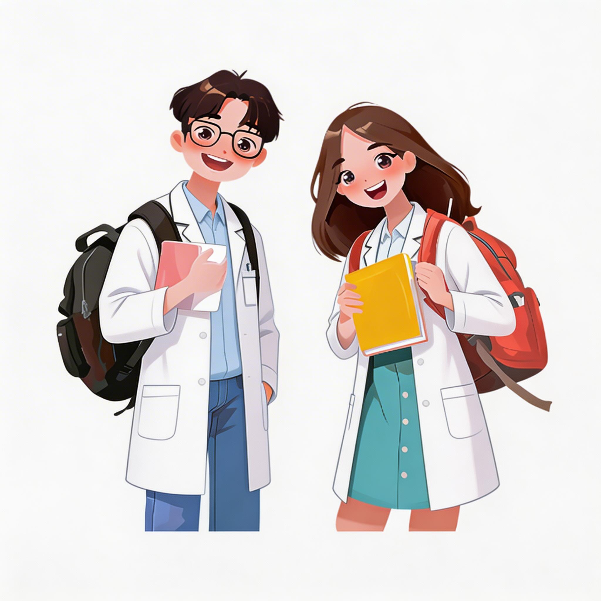 将图中的两个学生形象修改为穿着白大褂 - 图片创意预览