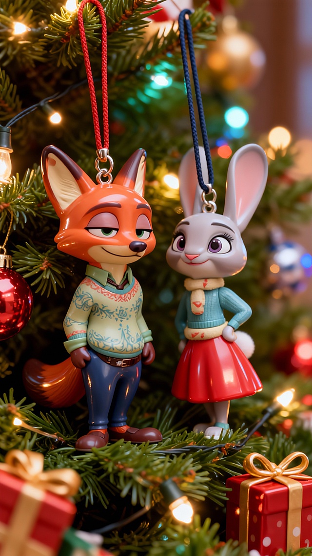 软3D风卡通挂饰，拟人狐狸与兔子身着节日服饰，温馨喜庆，塑料质感细腻，圣诞树光影烘托可爱氛围。