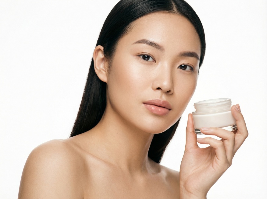 时尚美妆摄影，纯白色背景，柔和均匀光线，近景构图。一位妆容精致的亚洲女性模特，黑色长发整齐梳理，面部轮廓立体，皮肤细腻光滑有自然光泽，唇色为自然裸粉色。她的右手优雅地托举着一瓶面霜，。模特表情自然，眼预览效果