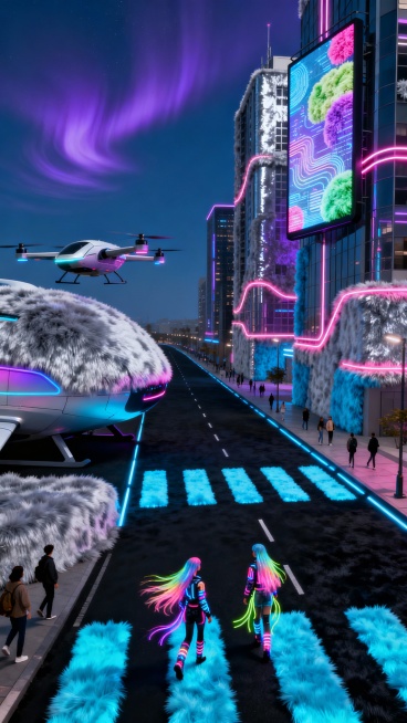 赛博朋克毛绒都市，高楼是金属色反光毛绒建筑，银灰色、蓝色短绒，带霓虹毛绒线条，街道是黑色毛绒路面，带发光的蓝色毛绒斑马线，飞行器的机身覆盖高科技毛绒，防水防污质感，带渐变光效，广告牌是全息毛绒投影，彩预览效果