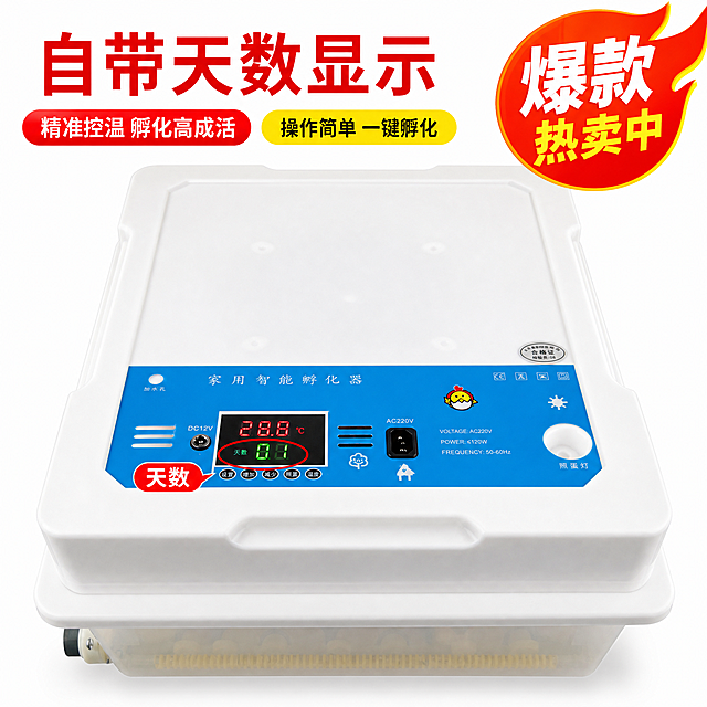 孵化机商品主图，展示显示屏天数显示功能，突出自带天数计数卖点，清晰呈现产品控制面板，拼多多风格，1:1构图，添加“自带天数显示”卖点文字