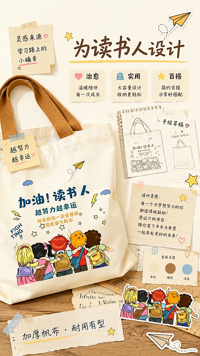 [第2屏] 设计理念页-加厚帆布包「加油读书人」主题灵感展示。本屏使用【图1】作为商品主体参考。
[氛围/风格] 文艺手账风，治愈系插画感，温暖怀旧，拼贴式版式设计。
[元素布局] 画面左侧为帆布包正面局部特写（展示印花细节），占比约40%；右侧及上方为设计灵感拼贴元素：手绘铅笔稿、色卡（米白/棕/浅蓝）、纸飞机贴纸、星星装饰、便签纸、回形针、旧书页纹理；底部有木质桌面承托。
[光影质感] 柔和漫射光，整体均匀明亮，轻微复古胶片色调，纸张纹理质感真实。
[配色色系] 全局底色 #FAF6EE（奶白色）；主色米白+暖棕；辅助色浅蓝、鹅黄、淡粉。
[视角构图] 俯视平铺构图，元素错落有致，阅读动线从右上灵感关键词→左侧产品→底部说明。
[文字版式] 右上区域主标题「为读书人设计」手写体，下方三个风格关键词标签：「治愈」「实用」「百搭」，每个关键词配小图标；左侧产品旁有便签式小字「越努力越幸运」；底部有一行细体说明「加厚帆布 · 耐用有型」；文字有手写感和温度。
[比例分辨率] 9:16竖版比例，4K分辨率，文字清晰可辨，高清画质。
[负向提示词] 产品变形，颜色偏差，水印，文字错乱，元素杂乱，印刷感过重。