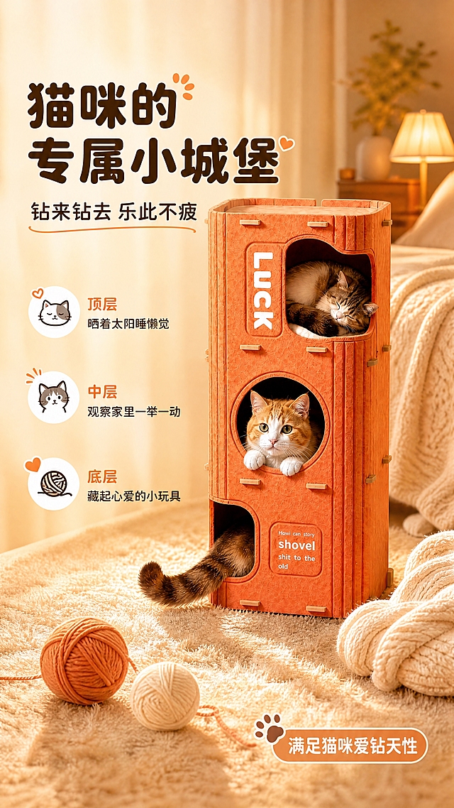 [商品] 使用【图1】橙色三层毛毡猫窝；保留三层结构、各洞口猫咪姿态（顶层睡觉、中层探头、底层露尾巴）、Luck字样、底部英文、橙色毛毡材质；猫咪动作自然真实，不改变产品结构。
[画面] 目标：使用瞬间页，展示猫咪喜爱钻洞的天性与温馨使用场景。构图：产品居中偏右，占画面约65%，三只猫咪分别在三层呈现不同状态（熟睡/好奇探头/玩耍露尾）；左侧留白放情感化文案。场景：暖色调卧室，米色长毛地毯，背景有床、台灯、针织毛毯，暖光从窗帘透入，温暖治愈。前景有毛线球小道具。
[视觉] 套系策略：风格=暖橙治愈系家居商业摄影；标题字=圆润粗黑体（萌系圆角）；正文字=简洁圆角无衬线体；主色=暖橙色；背景延展=基于暖橙做深浅层级、同色渐变、毛毡/织物质感延伸；强调色=深棕色+奶白色，用于小面积图标、引线、标签；标题色=深棕色；正文色=暖深灰；组件=圆角白底信息卡、爪印爱心小图标；光影=暖调侧逆光，柔和光晕，营造温馨感。
[文字] 左上主标题「猫咪的专属小城堡」（8字），副标题「钻来钻去 乐此不疲」；三个情感短句竖排：「顶层晒着太阳睡懒觉」、「中层观察家里一举一动」、「底层藏起心爱的小玩具」；右下角小标签「满足猫咪爱钻天性」配爪印。所有文字横排，不遮挡猫咪和产品主体。
[规格] 图片比例9:16竖版，4K分辨率，quality=medium；避免变形、错字、文字过小、冷蓝背景、产品颜色改变、猫咪姿态失真。