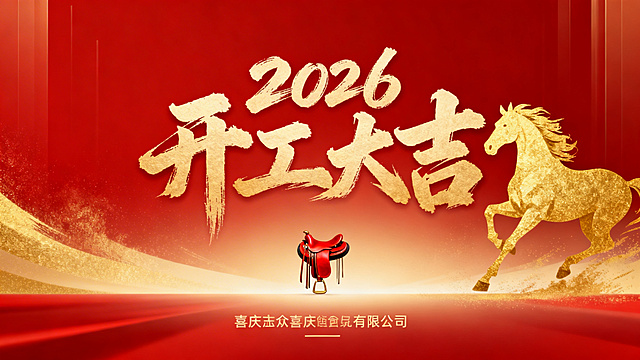 2026马年开工大吉横版PPT封面，红金渐变背景，居中放置大气书法字体“2026开工大吉”，搭配奔腾的金色骏马剪影和红色马鞍元素，底部标注公司名称，整体风格喜庆庄重