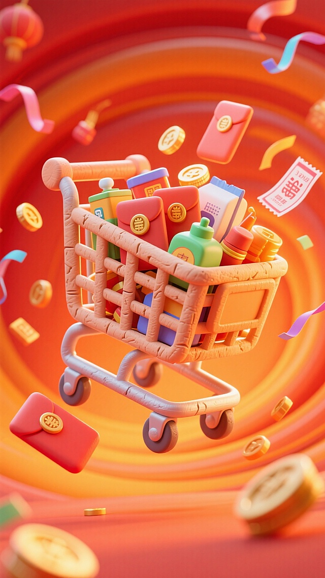 前景是一个大的装满商品的购物车悬空，背后散发着光芒，背景是一个节日漩涡，橙红渐变色的漩涡中有许多红包、金币、优惠券、彩带等。热闹氛围。