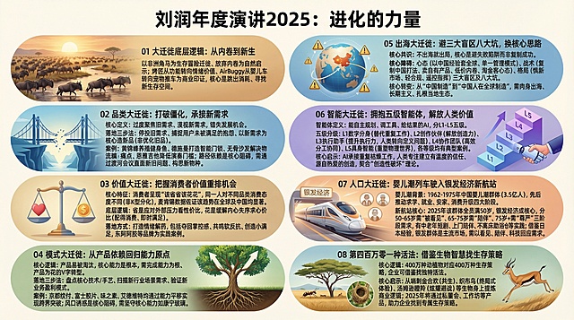 帮我保留所有文字，生成好看的图片刘润年度演讲2025：进化的力量 01 大迁徙底层逻辑：从内卷到新生以非洲角马为生存冒险迁徙、放弃内卷为自然启示；烤匠从功能转向情绪价值、AirBuggy从婴儿车转向宠物推车为商业印证，核心是跳出消耗、寻找新生存空间。 02 品类大迁徙：打破僵化，承接新需求 核心定义：过度聚焦旧需求、漠视新需求，错失发展机会。 落地三步法：停投旧需求、捕捉用户未被满足的抱怨、以新需求为核心造新品（非优化旧品）。 案例：黄锦峰养殖健身鱼、德施曼打造智能门锁、无骨沙发解决物流痛点、恩雅吉他降低演奏门槛；路径依赖是核心阻碍，需通过渡河会议直面新旧问题、构思新物种。 03 价值大迁徙：把握消费者价值重排机会 核心特征：消费者呈现“该省省该花花”，同一人对不同品类消费态度不同（非K型分化），麦肯锡数据佐证该趋势在全球及中国均显著。 底层逻辑：省是应对外部压力看性价比，花是缓解内心失序求心价比（配得消费、即时满足）。 落地方式：打造情绪解药，包括夺回掌控感、共鸣软反抗、创造小满足，东阿阿胶等品牌为实践案例；老登心态是核心阻碍，需与年轻人共情、持续成长。 04 模式大迁徙：从产品依赖回归能力原点 核心逻辑：产品易被淘汰，核心能力是根本，需完成能力为根、产品为花的V字转型。 落地三步法：盘点核心技术/手艺、扫描新行业场景需求、验证新业务盈利模式。 案例：京都纹付、富士胶片、味之素、艾德维特均通过能力平移实现跨界突破；风口诱惑是核心阻碍，需坚守核心能力如康宁玻璃。 05 出海大迁徙：避三大盲区八大坑，换核心思路 核心共识：不出海就出局，核心是避失败陷阱而非复制成功。 核心障碍：心态（以中国经验套全球、单一管理模式）、战术（复制中国打法、卖自有产品、低价内卷、淘金客心态）、格局（惧新市场、轻合规、遥控指挥）三大盲区及八大坑。 核心转变：从“中国制造”到“中国人在全球制造”，需肉身出海、长期主义、扎根当地生态。 06 智能大迁徙：拥抱五级智能体，解放人类价值 智能体定义：能自主规划、调工具、给结果的AI，分L1-L5五级。 五级分级：L1数字分身（替代重复工作）、L2创作伙伴（解放创造力）、L3执行助手（提升执行力，人类转向定义问题）、L4协作团队（高效分工协同）、L5具身智能（重塑物理世界），各等级均有典型案例。 核心启示：AI承接重复枯燥工作，人类专注建立有温度的信任、源自热爱的创造，契合“创造性破坏”理论。 07 人口大迁徙：婴儿潮列车驶入银发经济新航站 婴儿潮背景：1962-1975年中国婴儿潮群体（3.5亿人），先后推动求学、就业、安家、消费升级四大阶段。 新航站核心：2025年该群体全员满50岁，银发经济成核心，分50-65岁需“被看见”、65-75岁需“陪伴”、75岁+需“尊严”三阶段需求，有中老年短剧、上门陪伴、不离床助浴仓等实践；借鉴日本经验，银发群体是主流市场，需以看见、陪伴、科技回应需求。 08 第四百万零一种活法：借鉴生物智慧找生存策略 核心逻辑：400万种动植物对应400万种生存策略，企业可借鉴找独特活法。 核心启示：从哨刺金合欢（共生）、织布鸟（终局式体验）、汤姆逊瞪羚（炫耀避战）等生物身上提炼商业逻辑；2025年将通过私董会、工作坊等产品，助力企业找到专属生存策略。