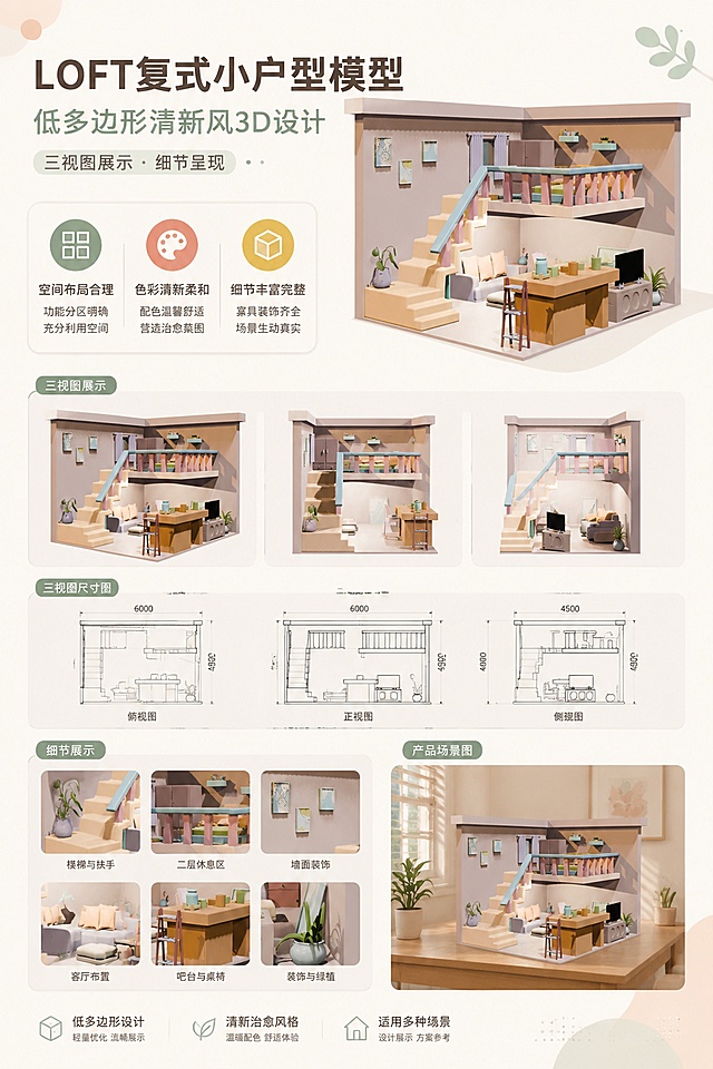 A4竖版LOFT复式小户型3D模型简介展板，包含模型的三个视角三视图，细节介绍和产品场景图。主标题"LOFT复式小户型模型"，副标题"低多边形清新风3D设计"，装饰文字"三视图展示 · 细节呈现"，卖点文字"空间布局合理"、"色彩清新柔和"、"细节丰富完整"。整体采用简约清新风格，低多边形3D质感，排版分区清晰，包含三视图和文案介绍，版式精美，留白舒适，4K超清画质。