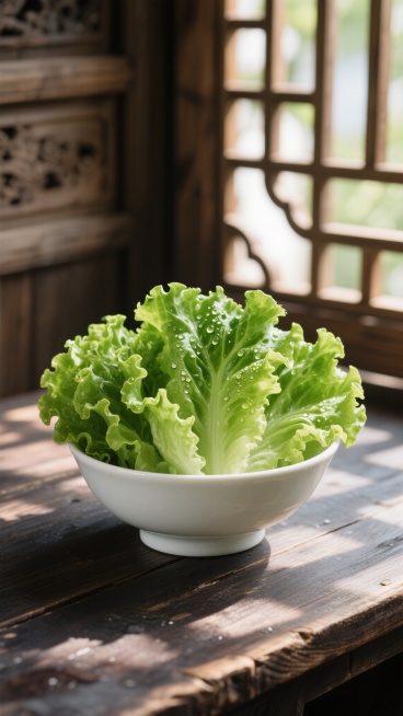 一束新鲜饱满的生菜，叶片翠绿欲滴，边缘带有自然的波浪卷，表面点缀着晶莹的水珠，被放置在一个简约的白色陶瓷碗中。碗置于深色木质桌面上，桌面纹理清晰可见。背景是古朴的木质窗棂，阳光透过窗棂在桌面和生菜上投下斑驳的光影，营造出温馨、自然、充满生活气息的氛围，整体画面光影层次丰富，色彩清新明快，突出生菜的鲜嫩质感。预览效果