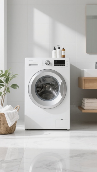 一张现代简约风格的洗衣机产品展示图，画面中央是一台白色滚筒洗衣机，洗衣机正面有圆形透明视窗、银色控制面板和旋钮，顶部放置着几瓶洗护用品，左侧地面有一个装满白色毛巾的编织篮和一株绿色植物。整体采用高清晰度的写实摄影风格，光线明亮柔和，以漫反射为主，营造出干净整洁、温馨舒适的氛围，色调以白色、浅灰色和原木色为主，色彩和谐统一。背景改变为简约的北欧风格浴室，墙面为浅灰色哑光瓷砖，地面是光滑的白色大理……预览效果