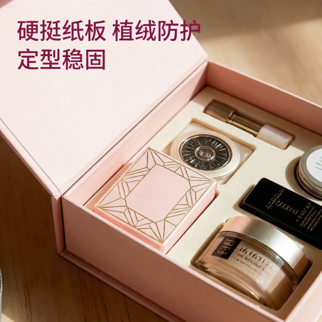 [主图 3] 材质与结构展示主图
[氛围/风格] 轻奢质感，暖调光影，和整体风格保持统一。
[画面元素] 商业摄影质感、光线柔和通透、产品清晰真实、画面干净高级。特写展示礼盒硬挺的盒身纸板材质和打开后预览效果