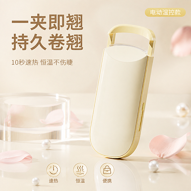 [主图-1] 便携式电动睫毛夹首图 极简静物高级感
[氛围风格] 奶油温柔风 美妆个护高级静物摄影质感
[画质] 商业摄影质感 光线柔和通透 产品清晰真实 画面干净高级 超写实渲染
[元素] 奶黄色便携式电动睫毛夹居中偏右摆放 产品呈45度微仰视角 顶部夹口微微张开展示形态 左侧搭配透明亚克力圆柱展台作衬托 背景为渐变奶白色到浅米色柔光背景 散落少量浅粉色花瓣和珍珠点缀 营造温柔美妆氛围 保持睫毛夹外观（即物理结构 材质质感 奶黄色颜色 顶部提手 侧面按键）与输入产品图一致 杜绝任何变形和色差 精细化处理 商品主体占比约65% 画面满屏无边框
[光影] 左上45度柔光箱主光 柔和均匀打亮产品正面 右侧补光弱化阴影 底部有轻微反光台倒影 整体光线通透 高光细腻 暗部有层次 无硬阴影
[配色] 主色奶白+浅米色背景 辅色奶黄色（产品） 点缀色浅粉色（花瓣）珍珠白
[视角构图] 45度微仰视 产品为视觉中心 景深中等 背景虚化 突出主体
[文字版式] 左上负空间左对齐 主标题大字"一夹即翘 持久卷翘" 奶咖色粗体无衬线 副标题小字"10秒速热 恒温不伤睫" 同色系浅一号 约主标题一半大小 右上圆角小标签"电动温控款" 奶黄底白字 底部居中三小图标横向排列 分别配"速热" "恒温" "便携" 文字清晰不遮挡产品
[输出要求] 1:1比例 文字清晰可辨 超高清商业摄影质感
[负向提示词] 变形 文字错乱 产品图模糊 背景杂乱 水印 电商平台Logo 多余手指 手部扭曲