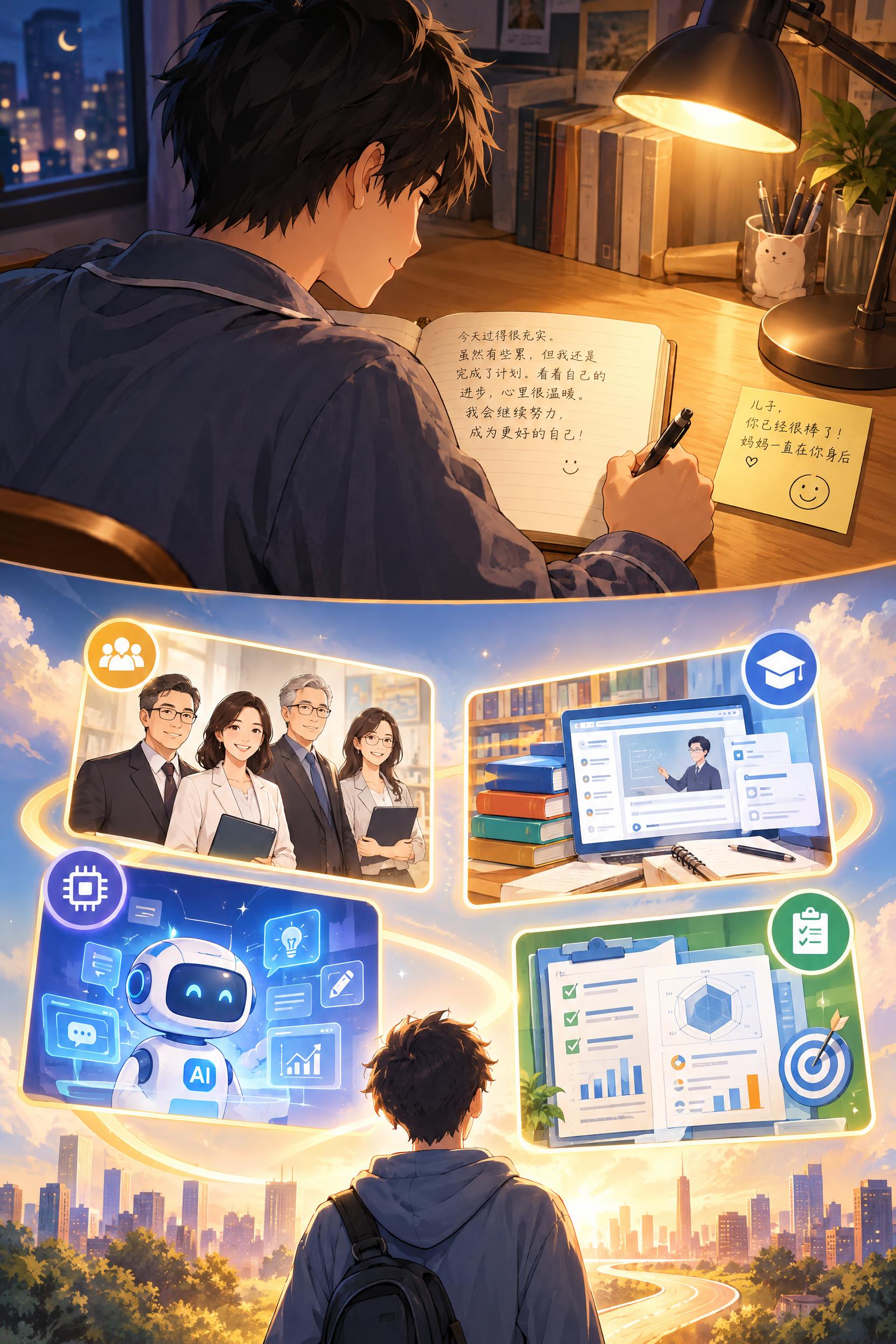 都市漫画风格，分上下两部分。上半部分：晚上，少年坐在书桌前写日… - 图片创意预览