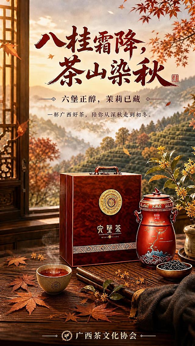 移除画面中捧茶的双手，只保留茶杯与杯中茶汤，茶盏平稳地放在茶席上，姿态自然、底面有接触阴影，杯中六磅茶汤红浓透亮、表面有温润光泽与热气袅袅升腾。双手移除后的区域用暖棕色茶席桌面、秋叶或柔光自然填补，不留下空缺或痕迹。其余内容全部保持不变：深秋茶园窗景、霜叶、飘落秋叶、茶山薄雾、产品包装及 LOGO 标签、暖棕色调，以及主标题『八桂霜降，茶山染秋』、副标题『六堡正醇，茉莉已藏』、正文文案『一杯广西好茶，陪你从深秋走到初冬。』与落款『广西茶文化协会』全部保持原样，排版与画面比例不变，文字清晰可读。