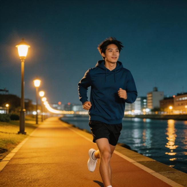 日系胶片风格夜跑场景，男性模特，跑步姿势为轻松慢跑的动态姿势，暖黄路灯，复古质感，颗粒感滤镜，河岸夜景预览效果
