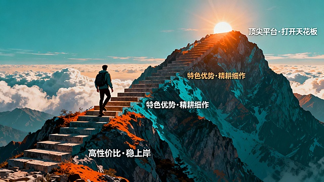 山脉与阶梯融合的视觉隐喻：山脚标“高性价比·稳上岸”，山腰标“特色优势·精耕细作”，山顶标“顶尖平台·打开天花板”。一位登山者背对镜头，正踏上山腰台阶，阳光从山顶洒下，远处云海翻涌，象征广阔前景。整体色调为青金+暖橙，兼具力量与希望。