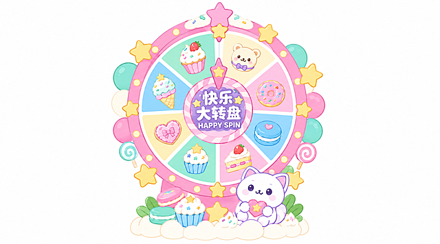 将这张大转盘抽奖装置设计图转为2D平面材质风格：保留原图的彩色圆形转盘、指针、奖品格、文字“快乐大转盘 HAPPY SPIN”、甜品星星装饰，改为干净扁平2D矢量插画质感，纯色平涂、无3D立体光影和体积感，马卡龙浅粉薄荷绿奶油白配色，白色背景，文字清晰准确，高清锐利无模糊，像素清晰。