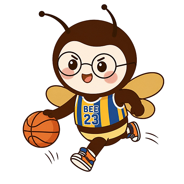 保持原图中小蜜蜂的形象、外形特征、眼镜和BEE23球衣配色不变，修改动作为：小蜜蜂正在拍打篮球往前跑动，保持卡通插画风格，白色背景