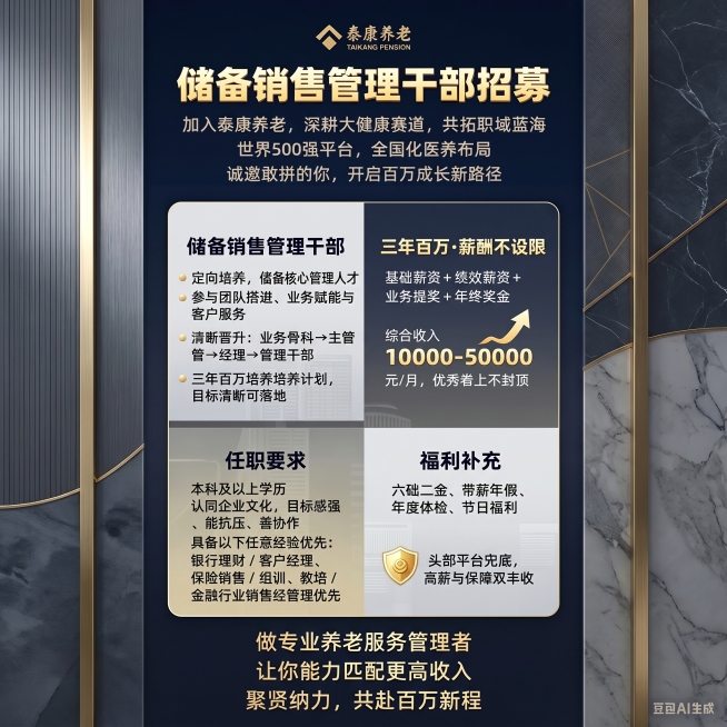 原图是泰康养老招聘海报，修改错别字：将任职要求里的“金融行业销售经管理先银”更正为“金融行业销售经营管理优先”，替换整体风格为高端高级感的商务风格，保留所有原本的正确文案信息和排版布局不变预览效果