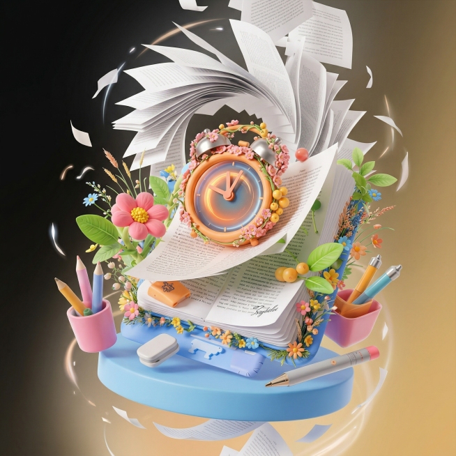 An Aoynamic 3D model scene, the central focus is an open book with white paper pages suspended verti预览效果