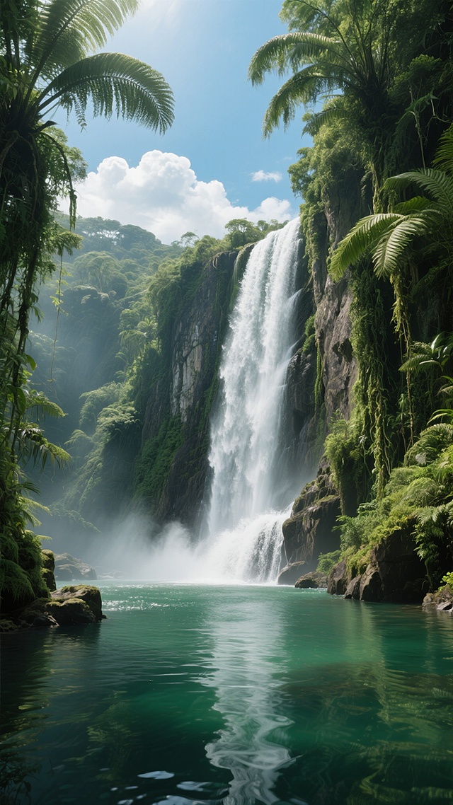 一张宏伟壮丽的瀑布从陡峭的岩壁上倾泻而下，水流撞击底部的岩石溅起白色的水花和层层水雾，周围环绕着茂密的热带雨林植被，巨大的蕨类植物和藤蔓攀爬在岩石上，阳光透过树叶的缝隙洒下斑驳的光影，天空中漂浮着几朵洁白的云彩，下方是清澈见底的碧绿潭水，水面倒映着瀑布和周围的绿植，营造出一种神秘而宁静的原始自然氛围。