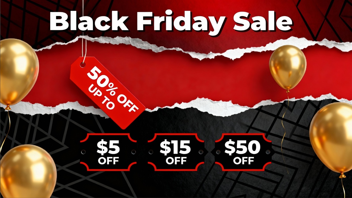 黑色星期五黑五Black Friday Sale促销海报，红黑主色调，撕纸效果露出底层红色区域，金色气球漂浮，红色"50% OFF UP TO"折扣标签倾斜悬挂，下方三个不同金额的黑色促销标签（$5 OFF、$15 OFF、$50 OFF）带红色边框和白色文字，背景采用暗红色渐变底纹搭配黑色几何线条纹理预览效果