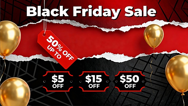 Black Friday Sale促销海报，红黑主色调，撕纸效果露出底层红色区域，金色气球漂浮，红色"50% OFF UP TO"折扣标签倾斜悬挂，下方三个不同金额的黑色促销标签（$5 OFF、$15 OFF、$50 OFF）带红色边框和白色文字，背景采用暗红色渐变底纹搭配黑色几何线条纹理