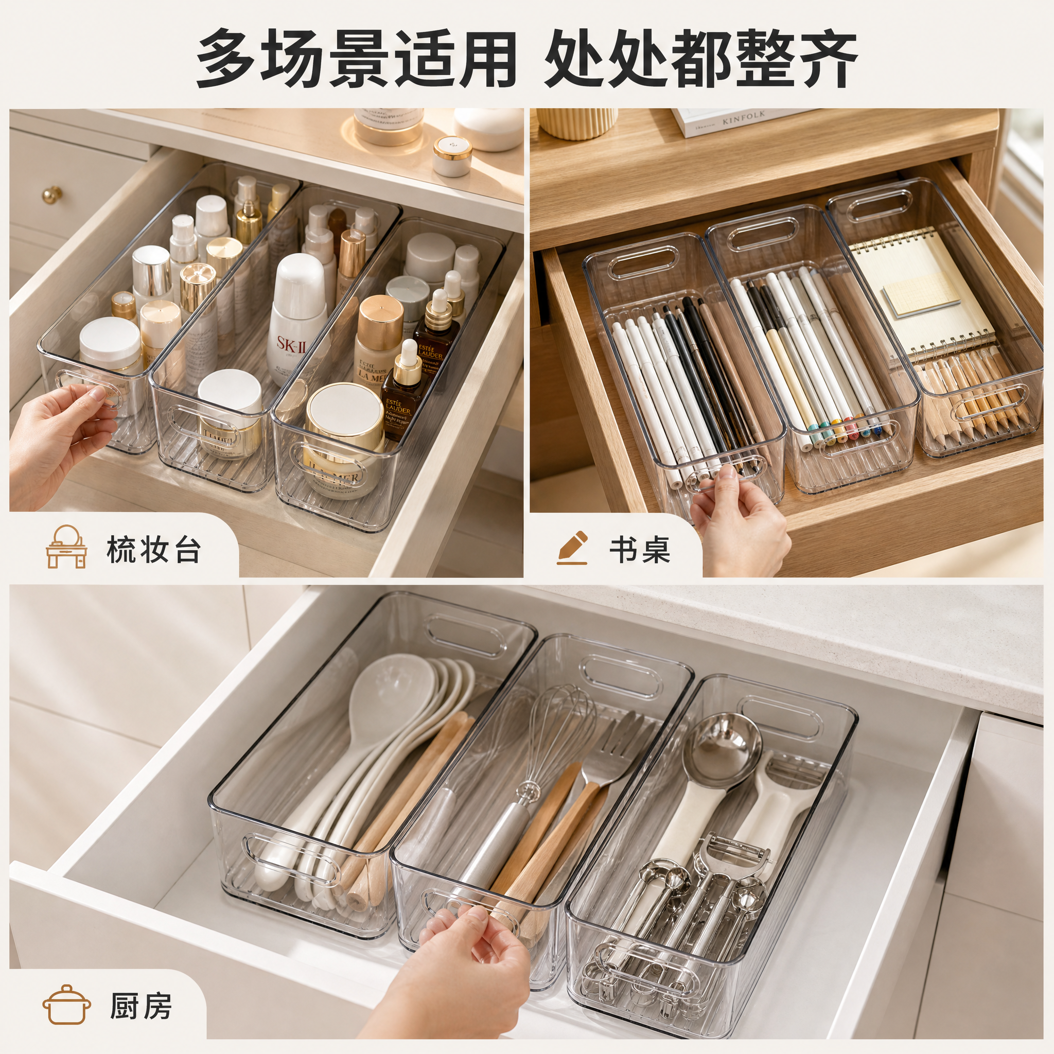 [主图-4] 抽屉收纳盒多场景适用 展示不同使用场景和拿取便捷… - 图片创意预览