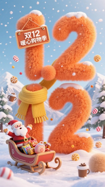 海报设计：画面中有巨大的橙色毛绒立体 “12.12” 字样，搭配挂在上面的牌子写有 “双12暖心购物季” 的黄色针织围巾。旁边是载着零食、暖手宝的复古雪橇，周围有圣诞老人,洒落着糖果、热饮图案和毛绒小预览效果