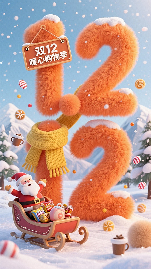 海报设计：画面中有巨大的橙色毛绒立体 “12.12” 字样，搭配挂在上面的牌子写有 “双12暖心购物季” 的黄色针织围巾。旁边是载着零食、暖手宝的复古雪橇，周围有圣诞老人,洒落着糖果、热饮图案和毛绒小球等元素，背景后有山有树有天空中飘起的小雪，温馨促销氛围。