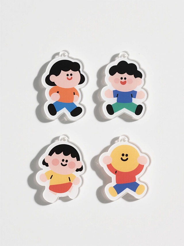 四个规整排布的卡通钥匙扣，保持简约现代风格，每个钥匙扣为不同设计的卡通人物造型，采用亚克力材质质感，边缘光滑有白色轮廓，人物形象色彩鲜明、线条圆润，表情生动，动作各异，悬浮于纯白色纯色背景上，无任何文字、logo及水印。