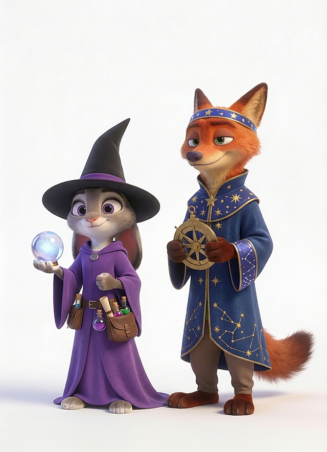 更改兔子朱迪和狐狸尼克的服装、配饰以及手上的东西，除此之外其他细节和参考图保持一致，包括动作、表情等细节。生成20张图，每张图的服装配饰和手上的东西都要不一样