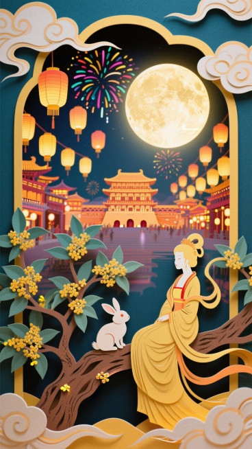 全景构图，近景是嫦娥和玉兔的坐在桂花树上的侧影，中间是是繁华的大唐不夜城，灯笼阵列悬浮空中，背后是圆月和烟花，画面四周祥云环绕，画面整体充满喜庆和华丽，画面呈现喜庆的暖色调预览效果