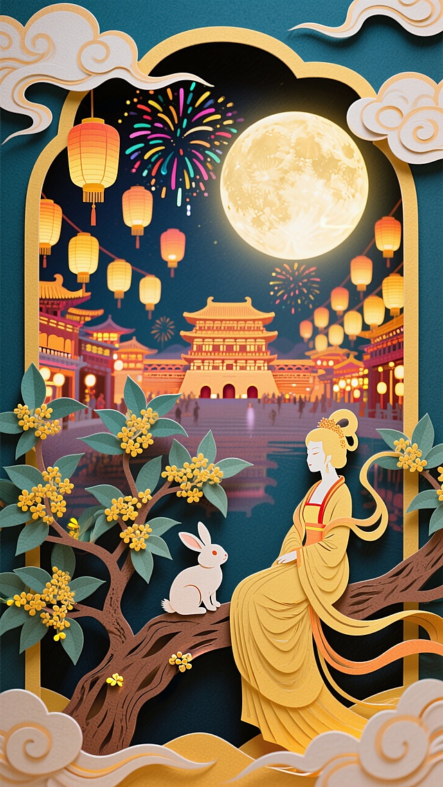 全景构图，近景是嫦娥和玉兔的坐在桂花树上的侧影，中间是是繁华的大唐不夜城，灯笼阵列悬浮空中，背后是圆月和烟花，画面四周祥云环绕，画面整体充满喜庆和华丽，画面呈现喜庆的暖色调