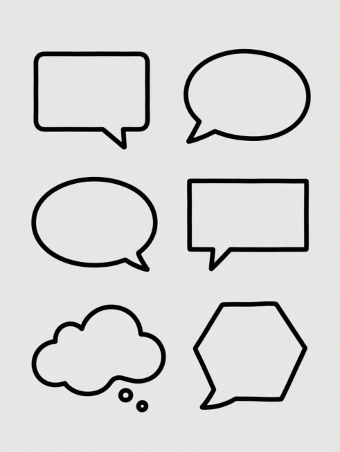 极简风格的线条画，纯白色背景，六个完全不同形状的气泡框规整排列，包括矩形带小三角形尾巴、竖长椭圆形带小三角形尾巴、圆角椭圆形带小三角形尾巴、细长矩形带小三角形尾巴、不规则云朵形带圆点尾巴、正八边形带小三角形尾巴，所有气泡框均为纯黑色轮廓线，线条平滑均匀，无填充色，无内部文字和其他装饰元素，整体构图简洁平衡，视觉层级清晰。预览效果