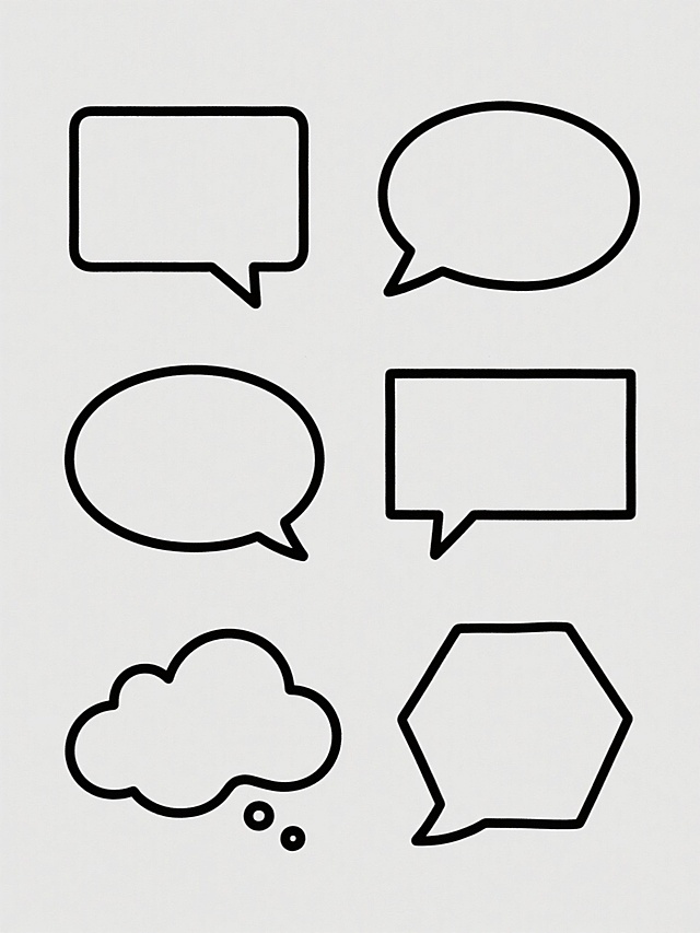 极简风格的线条画，纯白色背景，六个完全不同形状的气泡框规整排列，包括矩形带小三角形尾巴、竖长椭圆形带小三角形尾巴、圆角椭圆形带小三角形尾巴、细长矩形带小三角形尾巴、不规则云朵形带圆点尾巴、正八边形带小三角形尾巴，所有气泡框均为纯黑色轮廓线，线条平滑均匀，无填充色，无内部文字和其他装饰元素，整体构图简洁平衡，视觉层级清晰。
