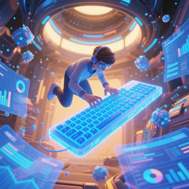 程序员，蓝光全息键盘，敲打键盘，他悬浮在空中，周围有科幻感的粒子，和发蓝光的数据报表预览效果